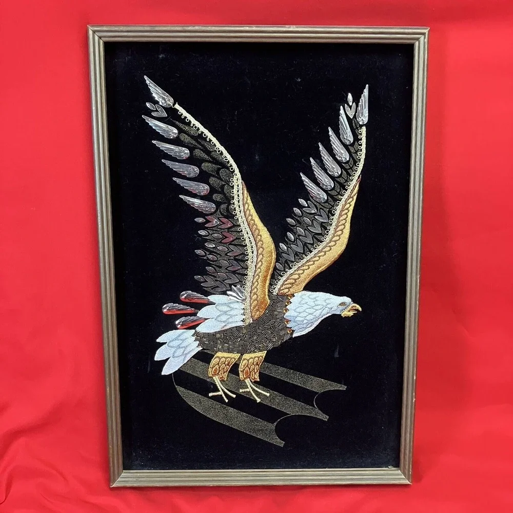 Vintage Sequin Bald Eagle / Framed / Beaded Sewn Velvet / MCM 70's 18.5